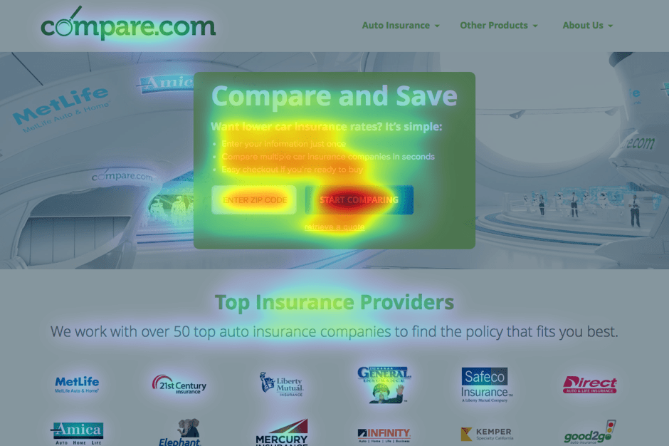 Compare.com homepage heat map