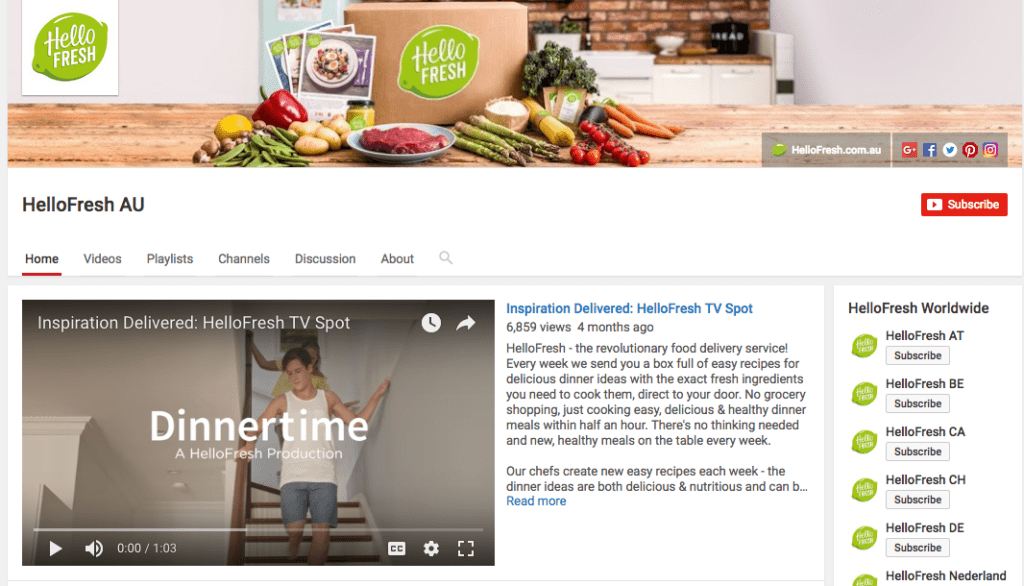 HelloFresh Youtube Page