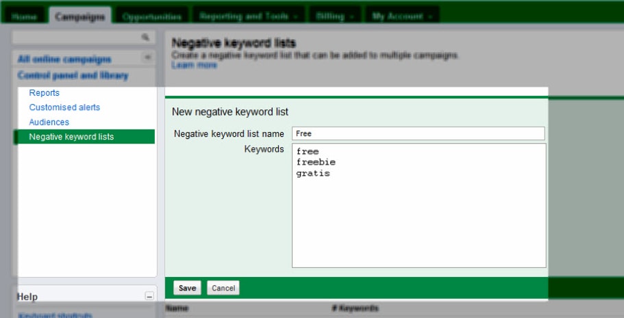 negative keywords list